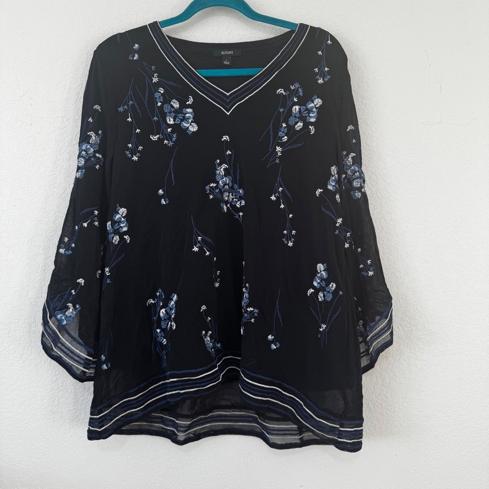 Alfani Black Floral‎ Embroidered V Neck Tunic Top Women's Size L